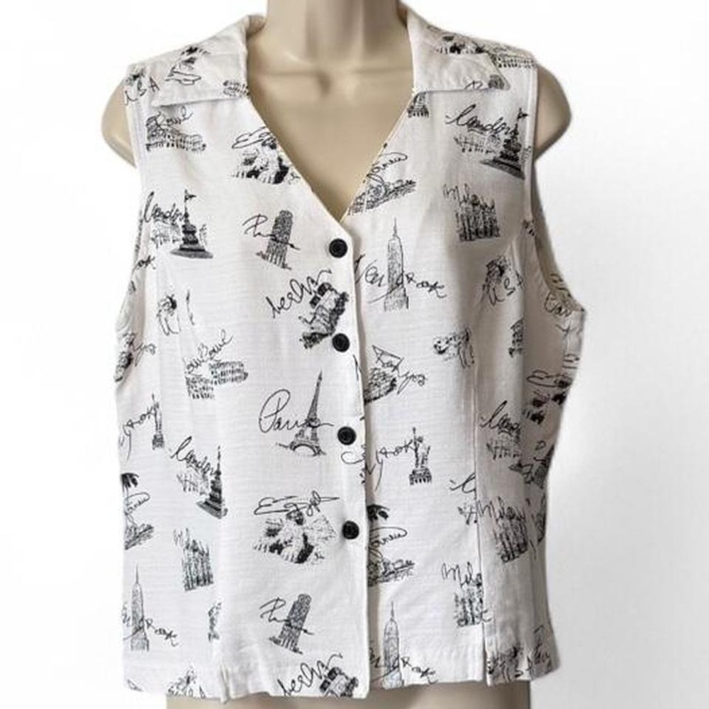 Vintage 90s Dressbarn‎ Global Travel Novelty Print Sleeveless Top, Women's Sz XL